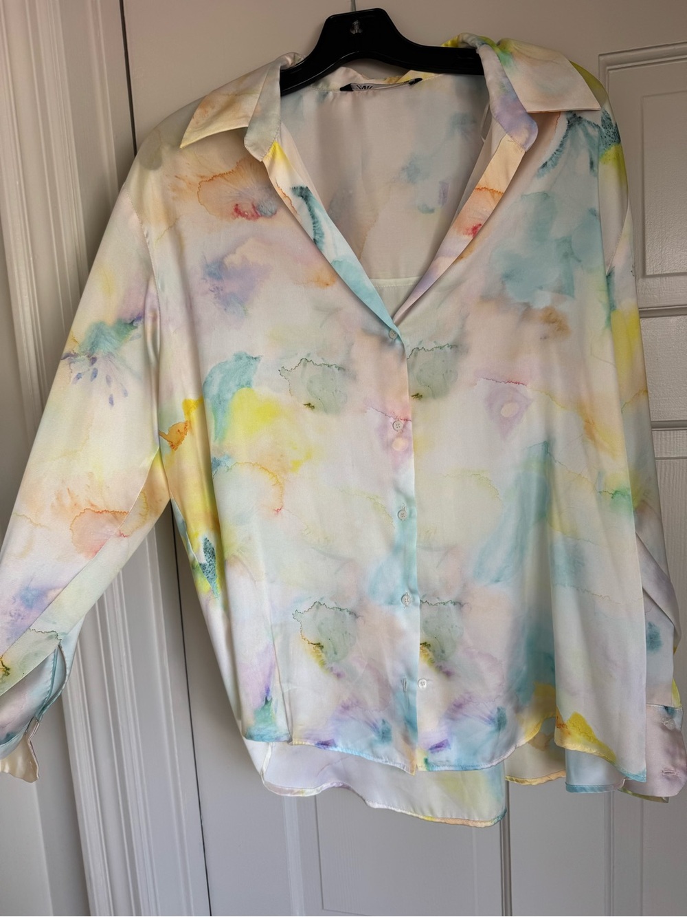 ZARA Pastel Watercolor Button-Down Blouse - White Multi